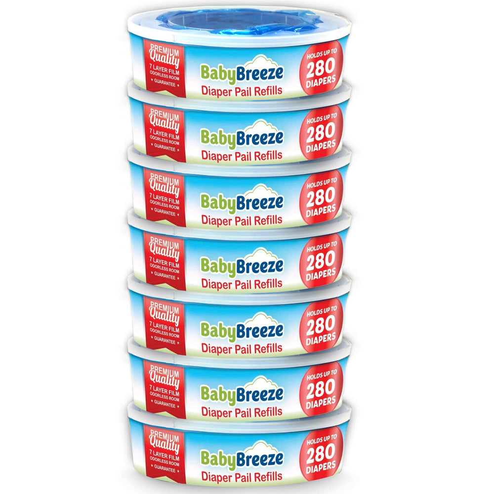 BabyBreeze diaper-genie refill bags packaging shows bulk-count and compatibility.