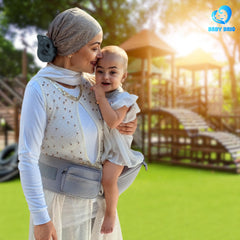 BabyBrio carrier hip-seat attached showing ergonomic posture support