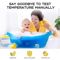 BabyElf bath thermometer alarm flashes red/blue to warn bath temperatures.