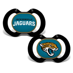 Baby Fanatic pacifier 2-pack logo-button shows Jaguars branding for stylish game-day moments.