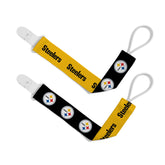 Baby Fanatic Pittsburgh Steelers pacifier clip logo side showcases two-sided team colors for on-the-go fans.