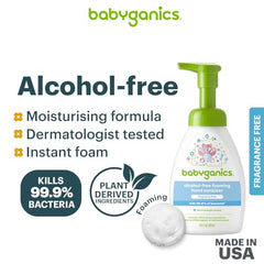 Close-up of BabyGanics fragrance-free foaming sanitizer for sensitive hands.