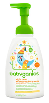 Babyganics orange blossom pump bottle highlights gentle cleansing for baby's skin and hair.
