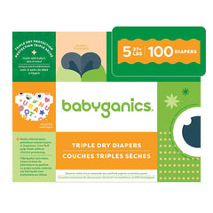 Babyganics size 5 diaper pack showing triple dry protection for dry, comfortable wear (visual focus: triple dry protection).