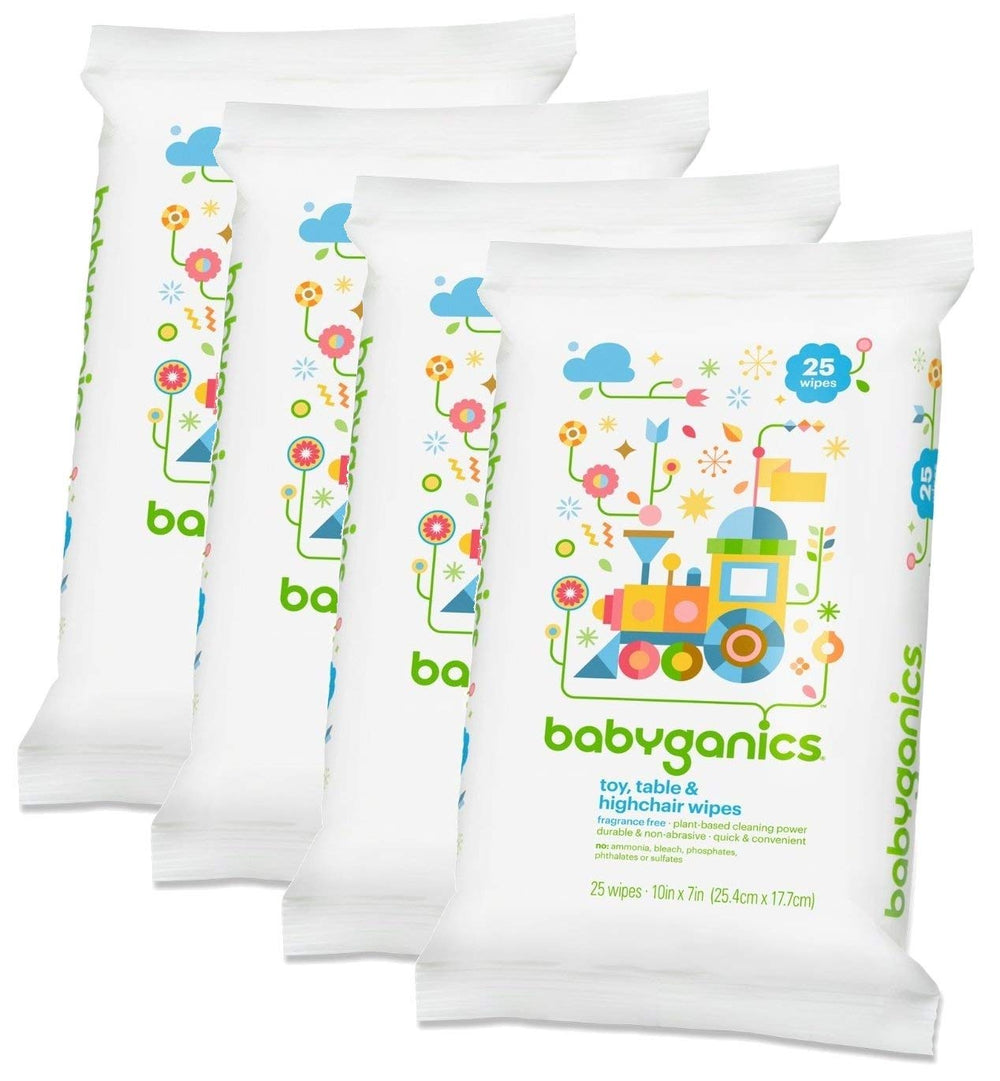 Babyganics toy-table-highchair wipes packaging shows four-pack gentle surface cleaning for baby gear.