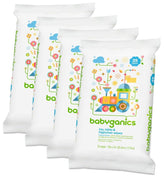 Babyganics toy-table-highchair wipes packaging shows four-pack gentle surface cleaning for baby gear.