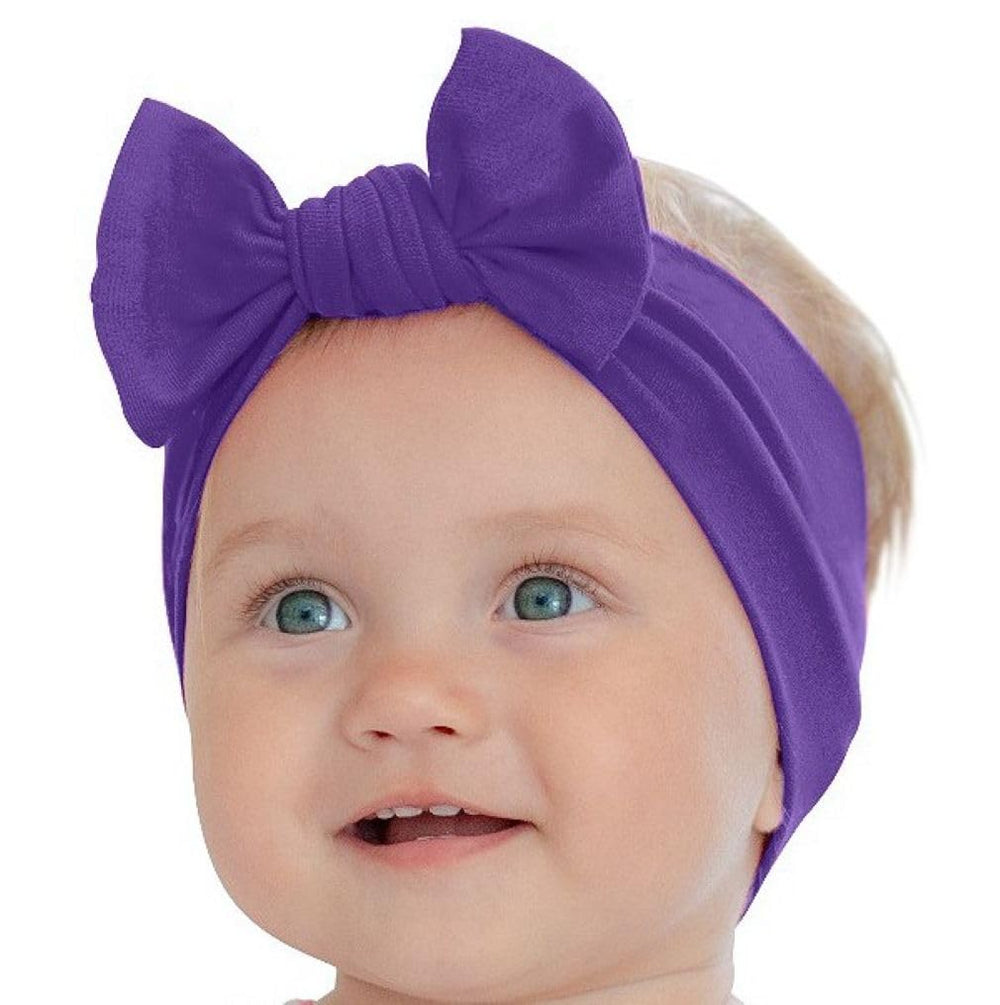 BABYGIZ baby girl headband purple bow close-up, soft cotton for delicate skin.