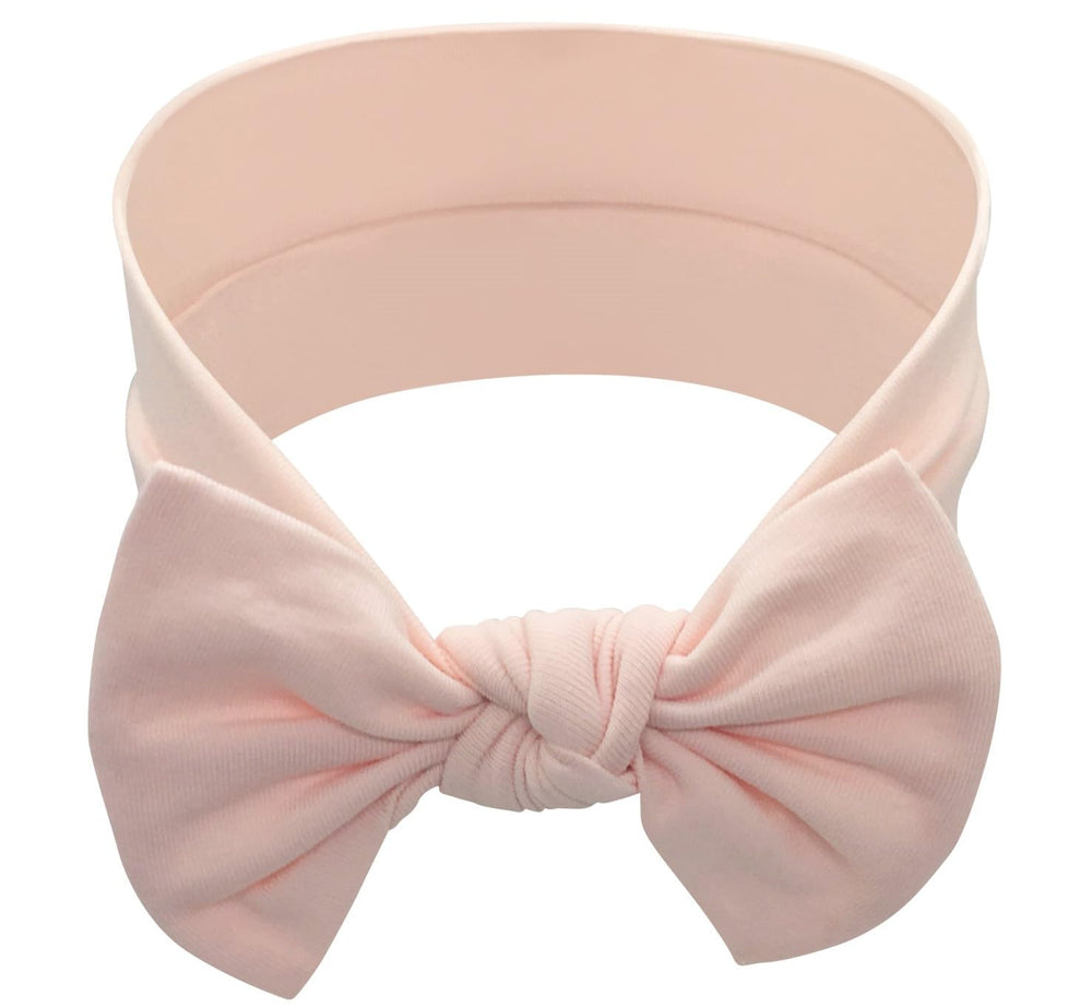 BABYGIZ powder pink headband close-up, soft cotton stretch for gentle all-day wear.