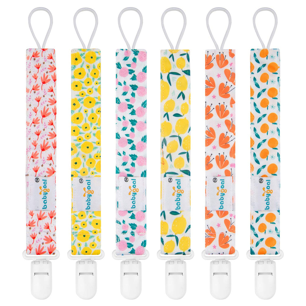 Babygoal floral pacifier clip rose design secures pacifier during outings.