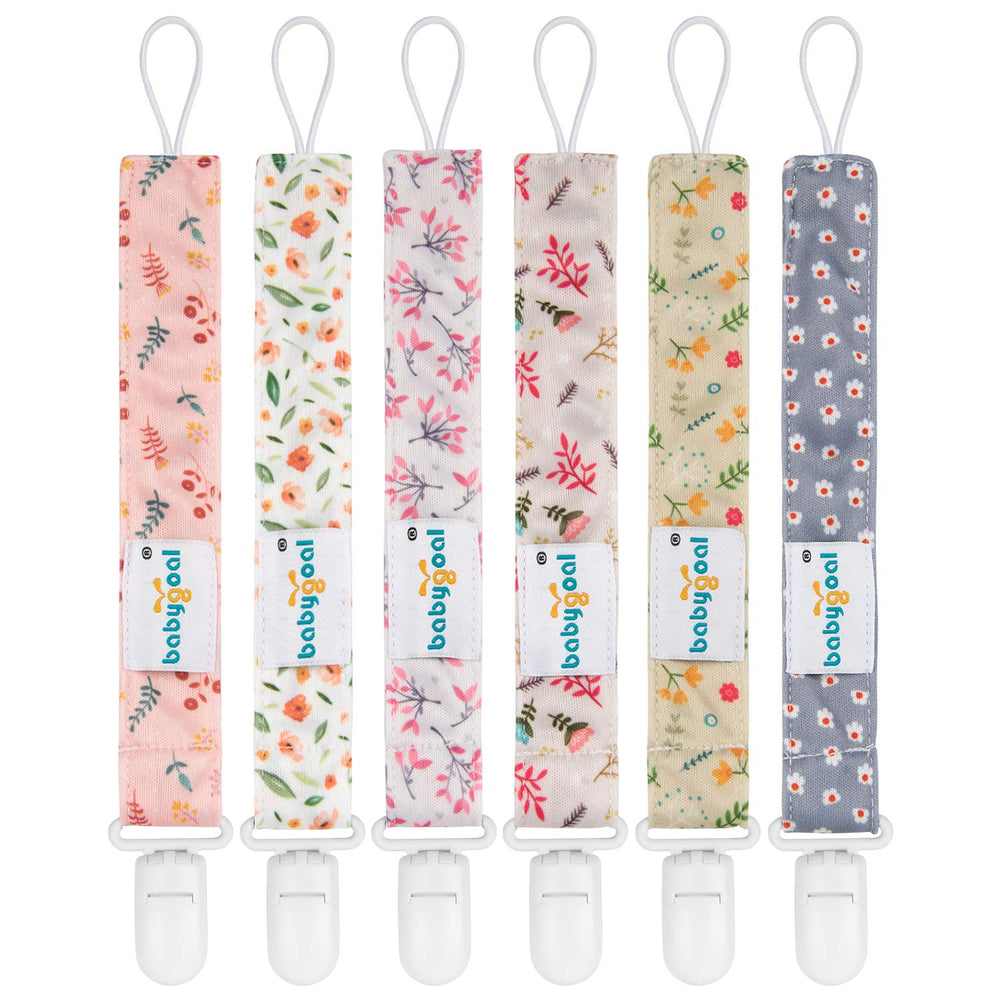 Babygoal floral pacifier clip six-pack shows secure attachment and stylish patterns