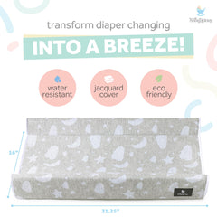 Babylicious waterproof changing pad side view highlights secure straps for table safety.