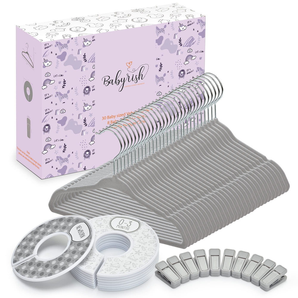 Babyrish velvet baby hangers with 30-pack in nursery layout for organized outfits