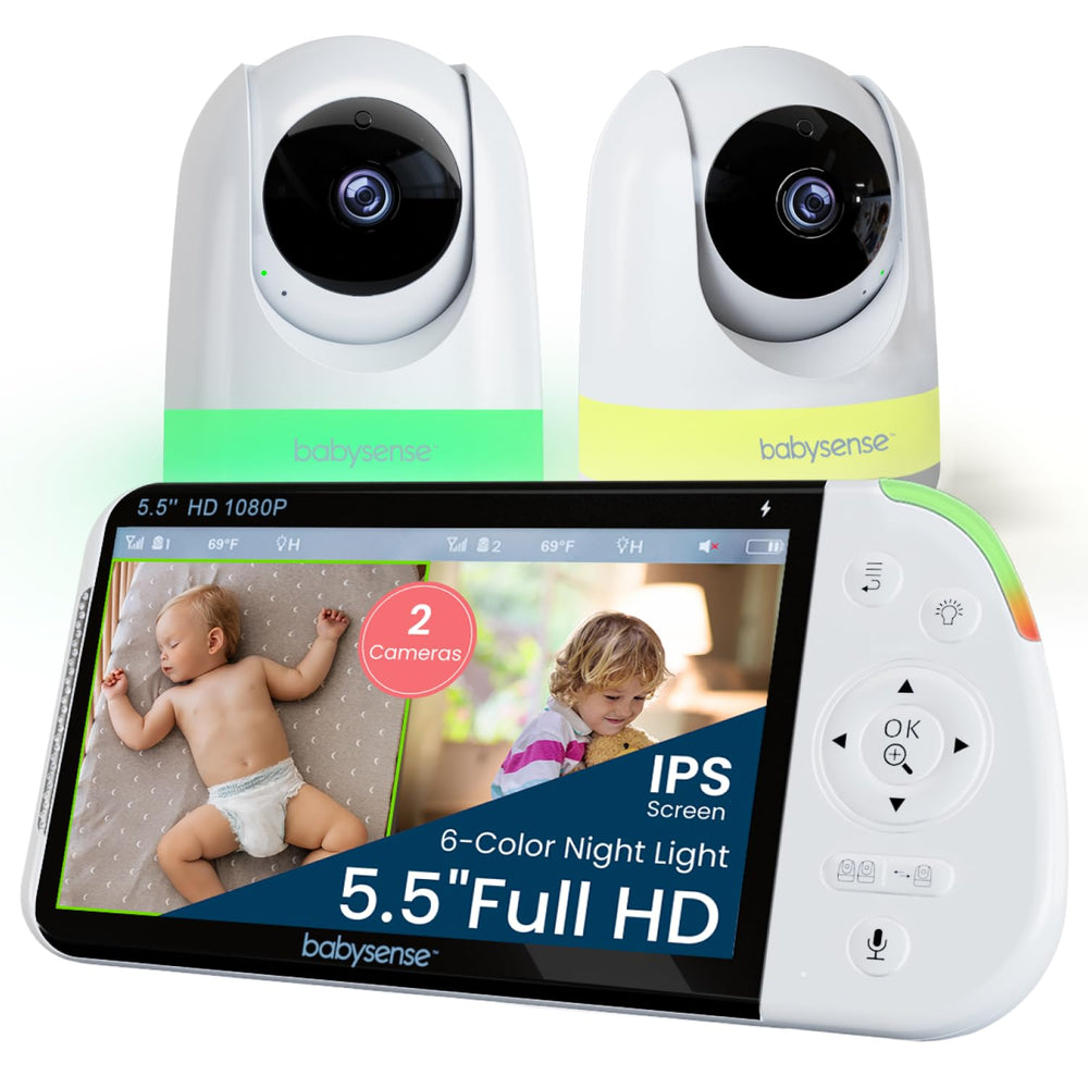 Babysense Full HD 5.5-inch split-screen display shows two rooms clearly.