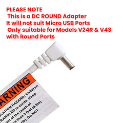 Babysense round power adapter package contents illustrate quick setup for V24R and V43 monitors