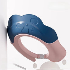 Baby Shower Cap animal design blue front view protects eyes during bath time.