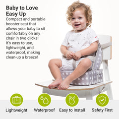 BabyToLove Easy Up booster seat ready for restaurant dining out.