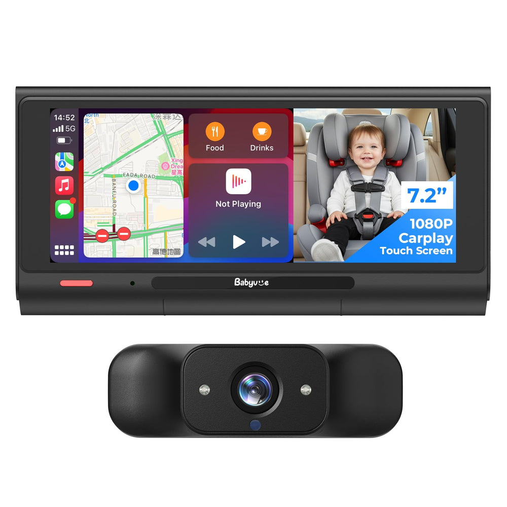 Babyvue BV7 7.2-inch display showing live baby feed alongside navigation for safer trips.