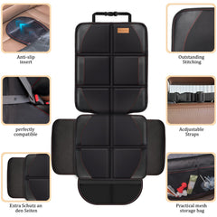 Bacgnyer car seat protector side pad closeup showing extended protection area.