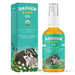 Badger baby oil pour captures easy application for organic baby care.
