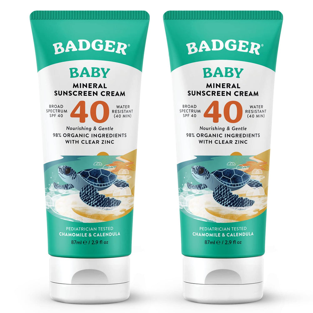 Badger Mineral Baby Sunscreen Cream SPF 40 tubes on table offering gentle protection