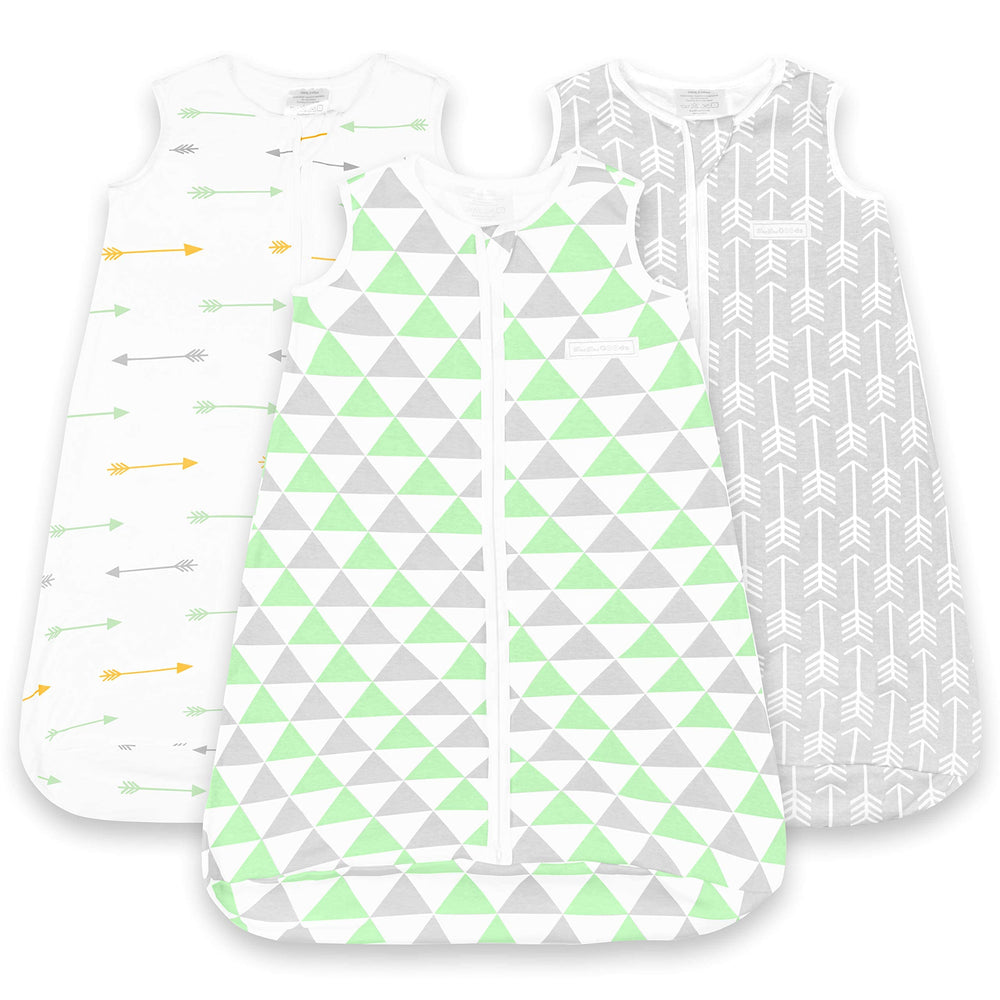 BaeBae Goods 3-pack baby sleeping bag with green grey triangles for safe, snug sleep.
