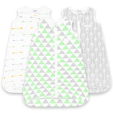 BaeBae Goods 3-pack baby sleeping bag with green grey triangles for safe, snug sleep.