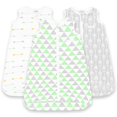 BaeBae Goods 3-pack baby sleeping bag with green grey triangles for safe, snug sleep.