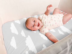 Baebae Goods Clouds Collection sheets closeup shows soft jersey knit for baby comfort.