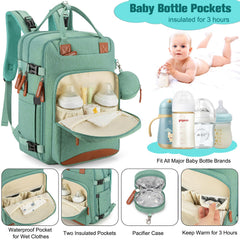 BAGPARKK diaper bag green interior view emphasizes main storage and insulated pockets for bottles.