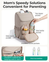 BAGSMART Diaper Backpack insulated pocket keeps bottles at the right temperature.