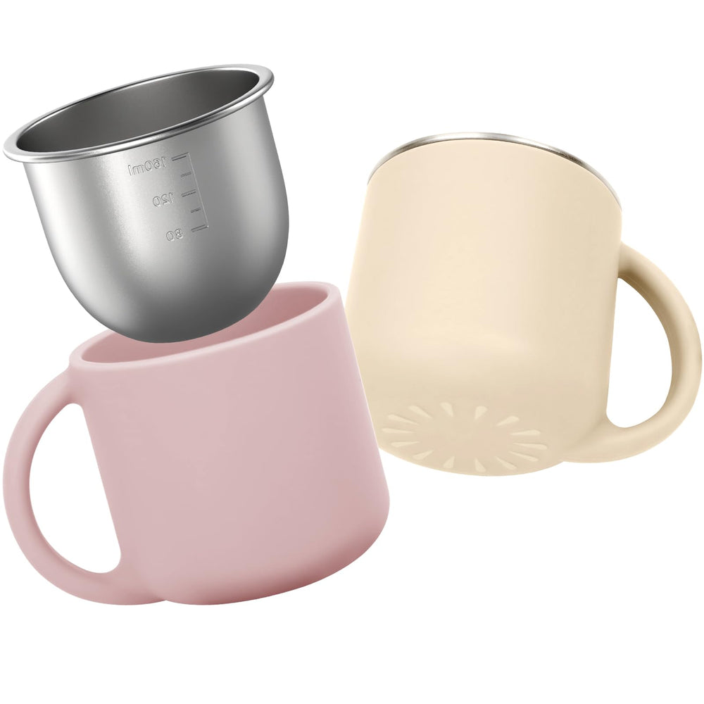 Bakpoco 2-in-1 open cups stainless steel core for durable toddler sipping.