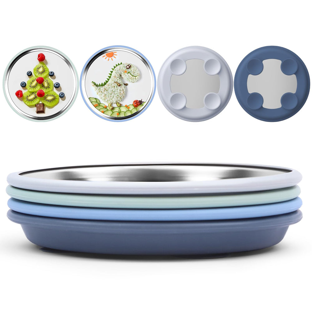 Bakpoco 8-inch stainless steel baby suction plate on a high chair tray for secure feeding.