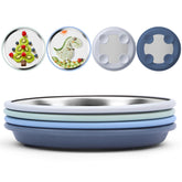 Bakpoco 8-inch stainless steel baby suction plate on a high chair tray for secure feeding.