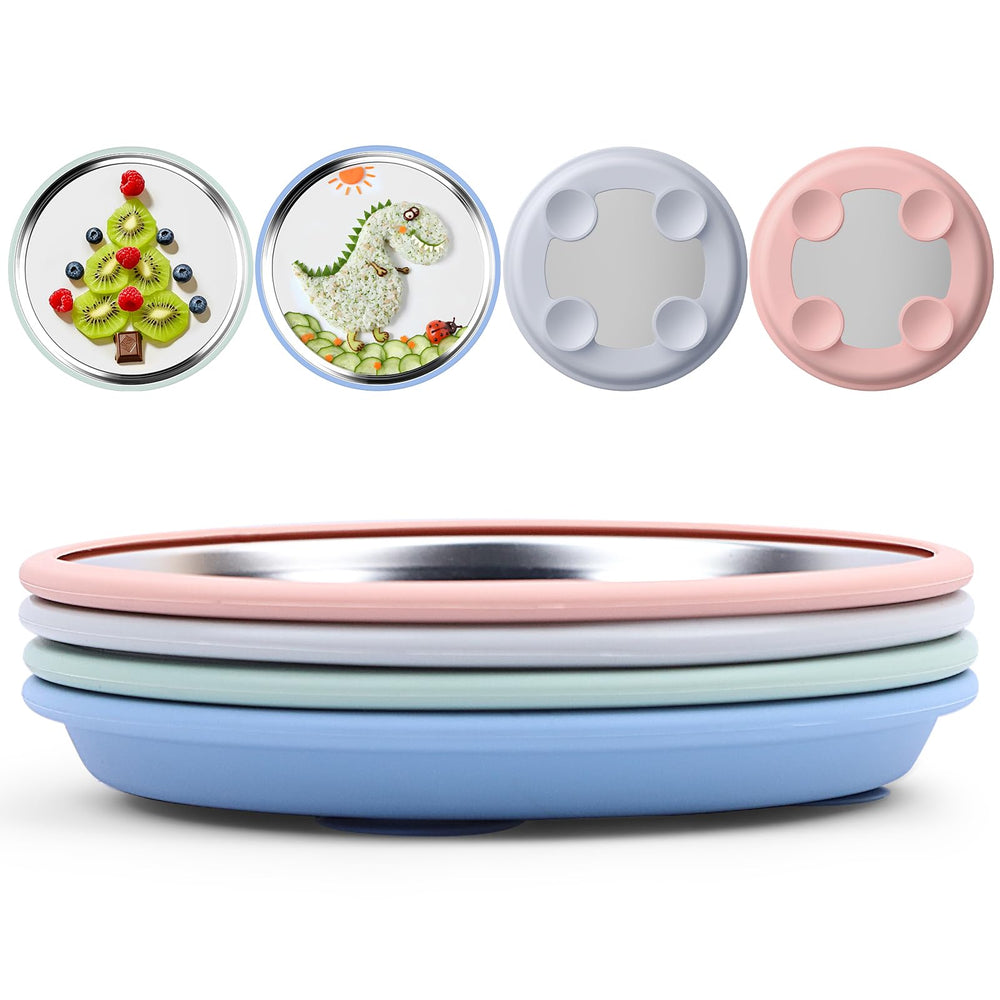 Bakpoco 8inch stainless steel plate with suction for mess-free meals