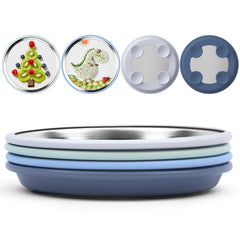 Bakpoco 8-inch stainless steel baby suction plate on a high chair tray for secure feeding.