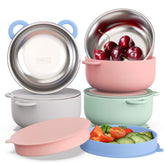 Bakpoco baby suction bowls with lids Sunrise Meadow front view for mess-free self-feeding.