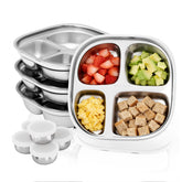 Bakpoco stainless divided plate front view showing four sections for organized meals.