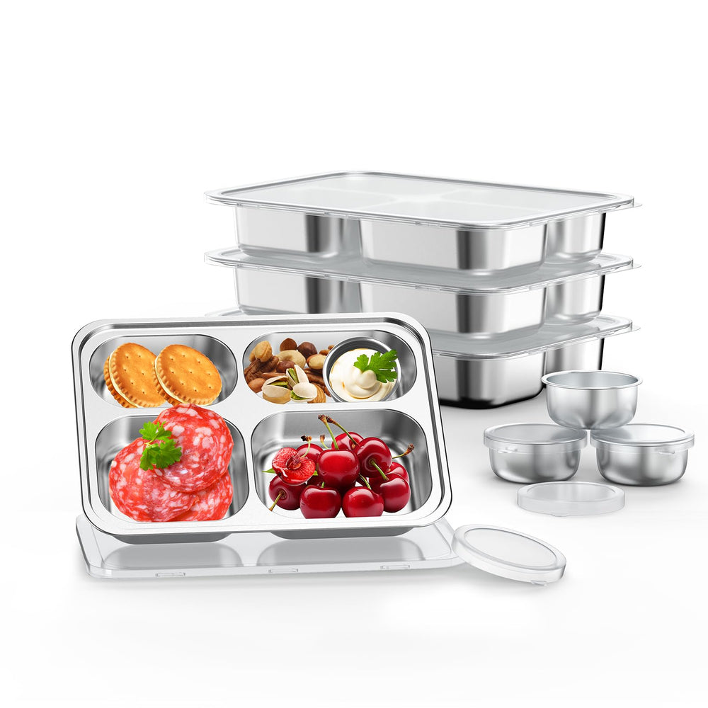 Bakpoco stainless divided plate for kids in a four-pack keeps meals organized and portion-controlled.