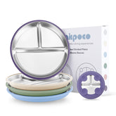 Bakpoco stainless-steel suction plate with three sections keeps meals organized on a tray.