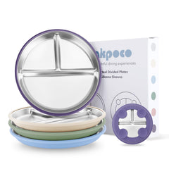 Bakpoco stainless-steel suction plate with three sections keeps meals organized on a tray.
