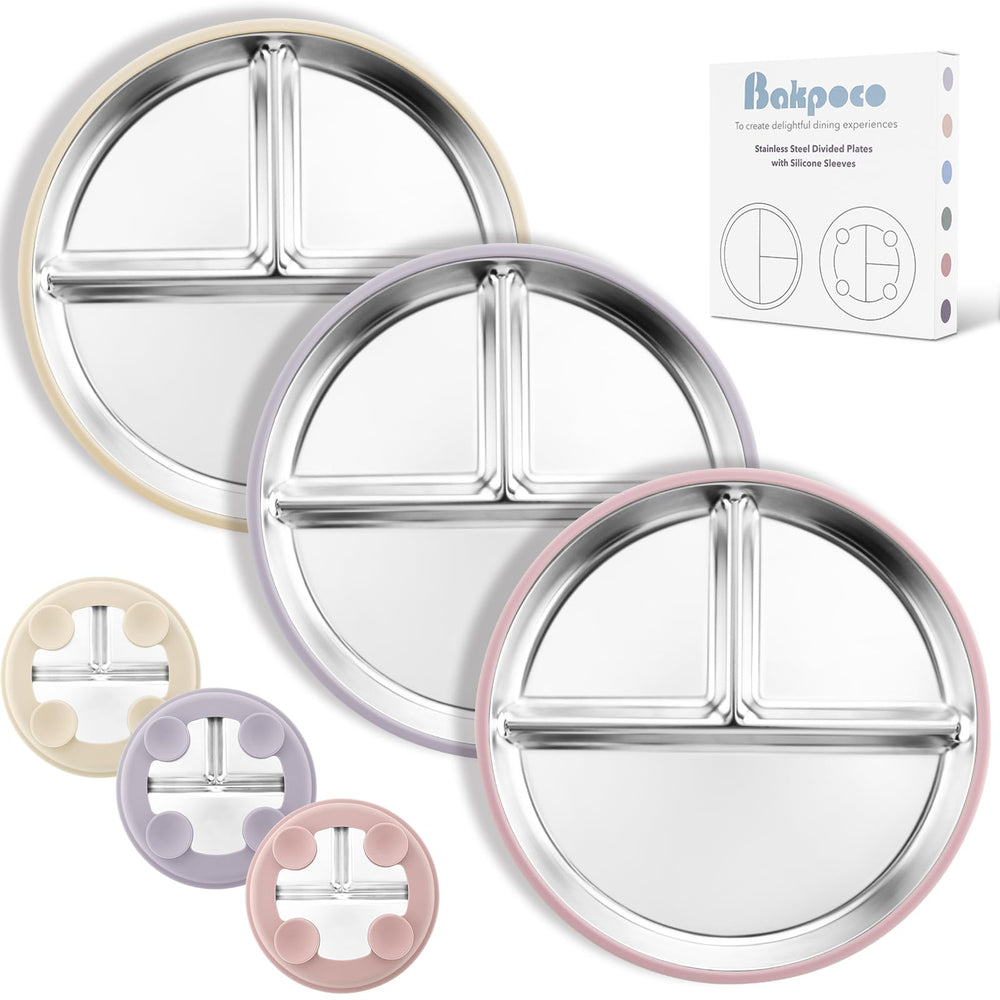 Bakpoco stainless-steel suction plate close-up highlights durable surface for easy cleaning.