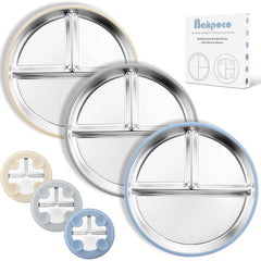 Bakpoco stainless steel suction plate closeup highlighting durable surface and non-slip base for mess-free self-feeding