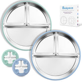 Bakpoco stainless steel toddler plate with suction base on a tray, promoting mess-free meals.