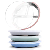 Bakpoco suction plate with lid in sage blue showing secure grip for mess-free meals