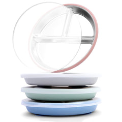 Bakpoco suction plate with lid in sage blue showing secure grip for mess-free meals