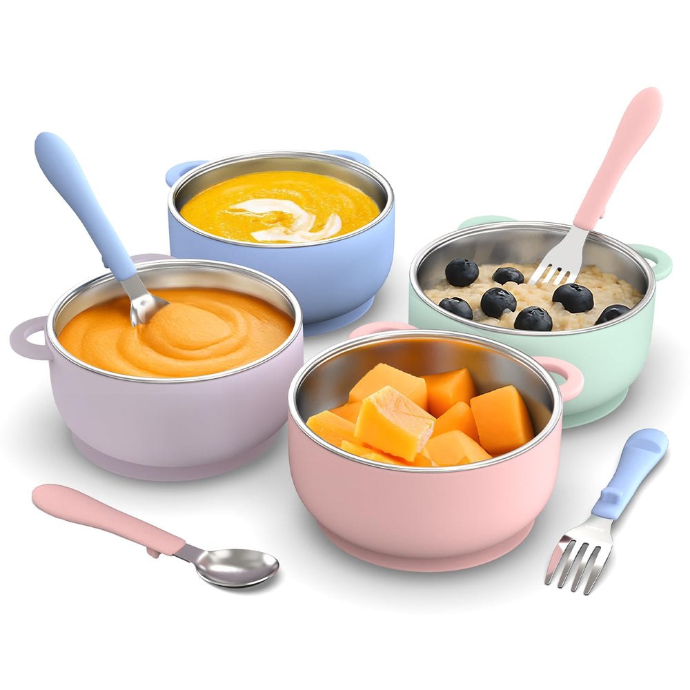 Bakpoco suction toddler bowls on table stay put to reduce mealtime mess.