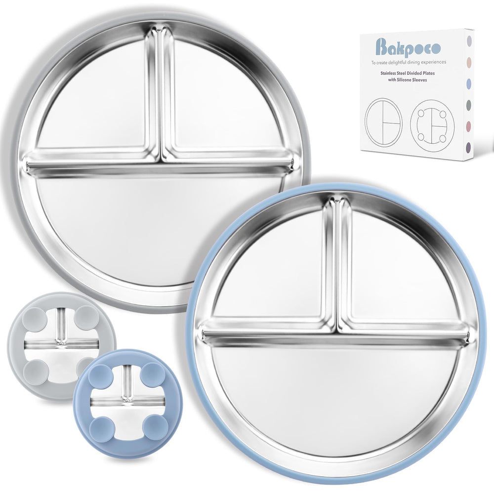 Bakpoco toddler plate suction blue stays put for mess-free self-feeding.