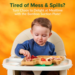 BamBamKidz bamboo divided suction plate on high chair showing strong suction for mess-free dining