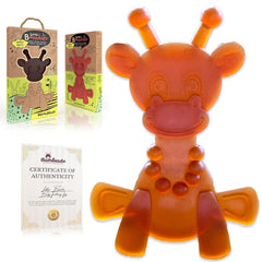 Bambeado LittleBamber giraffe teether closeup highlights natural rubber texture for soothing gums
