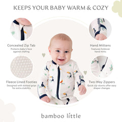 Bamboo Little footie Toucan zipper closeup highlights two-way zipper for easy diaper changes.